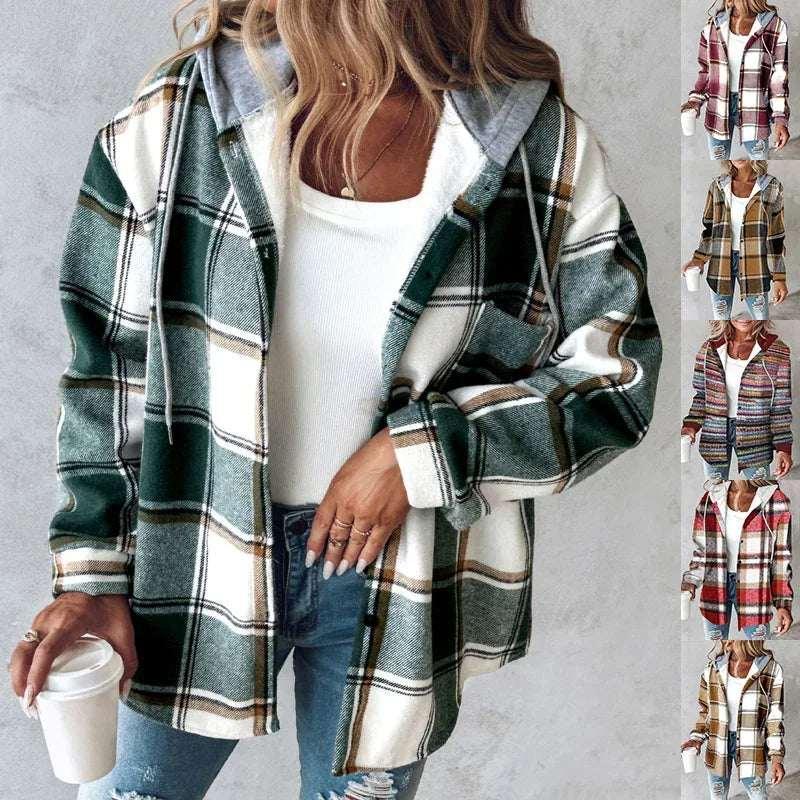 Plaid Hooded Jacket Women Button Pocket Coat - ZA-Zola