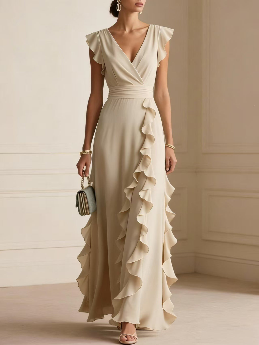 Woman wearing a beige ruffled gown holding a handbag in an elegant setting.