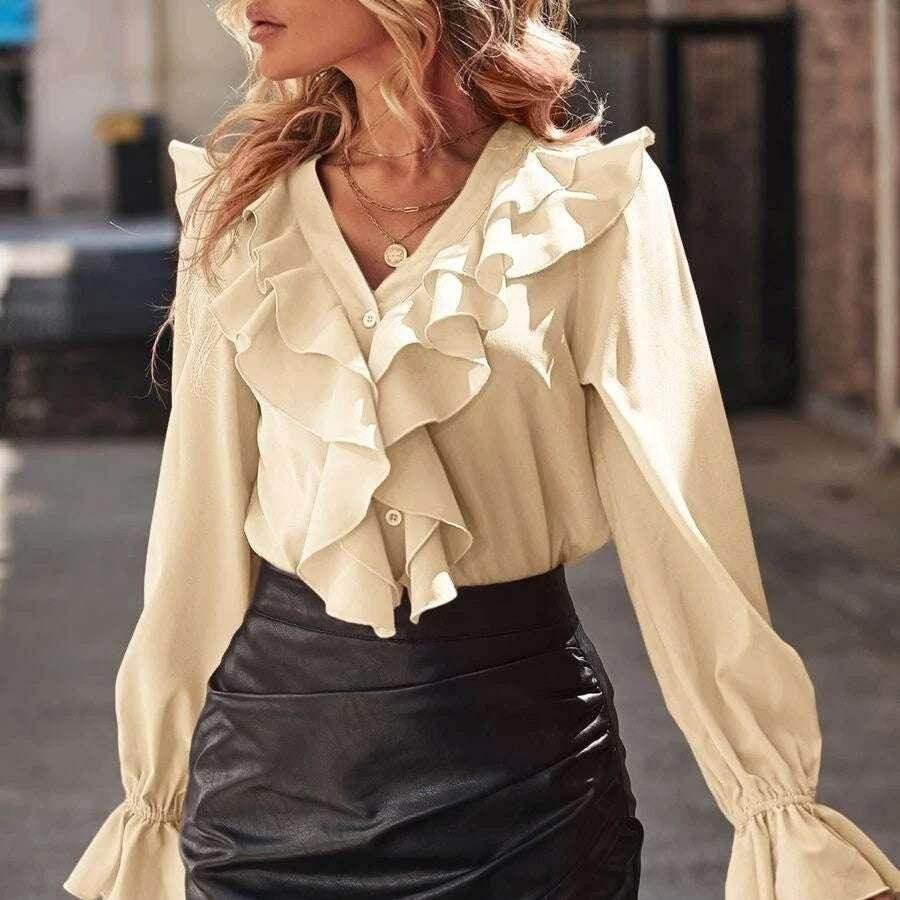 V-neck Flounce Long Sleeve Shirt for Women - ZA-Zola