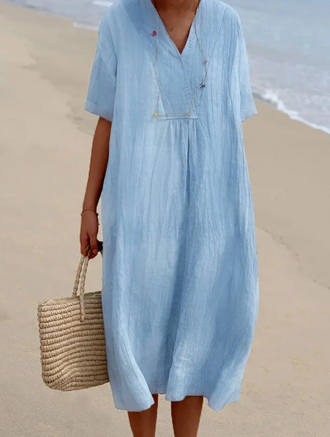 Women Cotton Linen V Neck Solid Color Long Dress Casual Summer Fashion Dress
