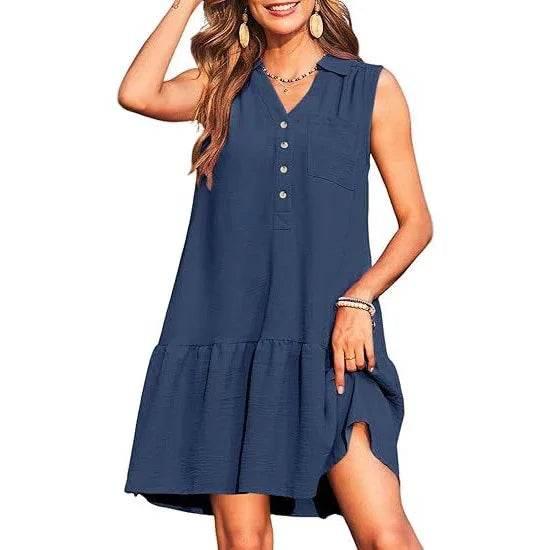 Chic V-Neck Buttoned Sleeveless Dress – Casual & Stylish - ZA-Zola