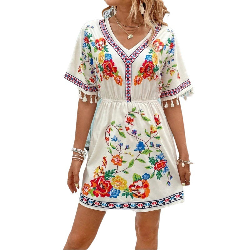 Bohemian Retro Ethnic Print Temperament Waist-Controlled Slimming Short Holiday Dress for Women
