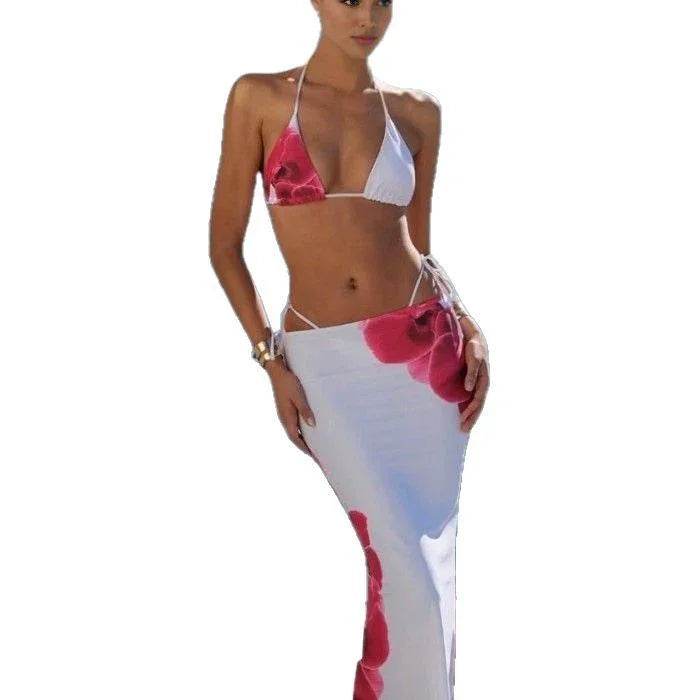 Printed Bandage Skirt Bikini – 3-Piece White Swimsuit - ZA-Zola