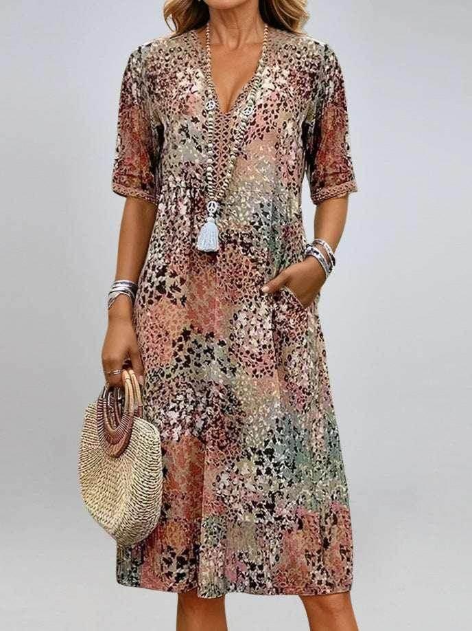 Ethnic Print V-Neck Summer Dress with Pockets - ZA-Zola