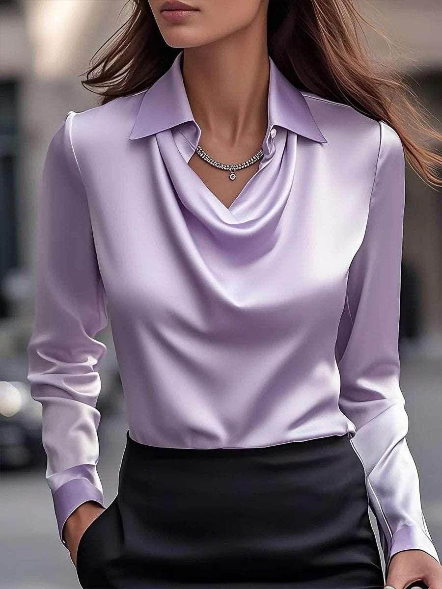 Elegant Satin Draped Swing Collar Blouse - ZA-Zola