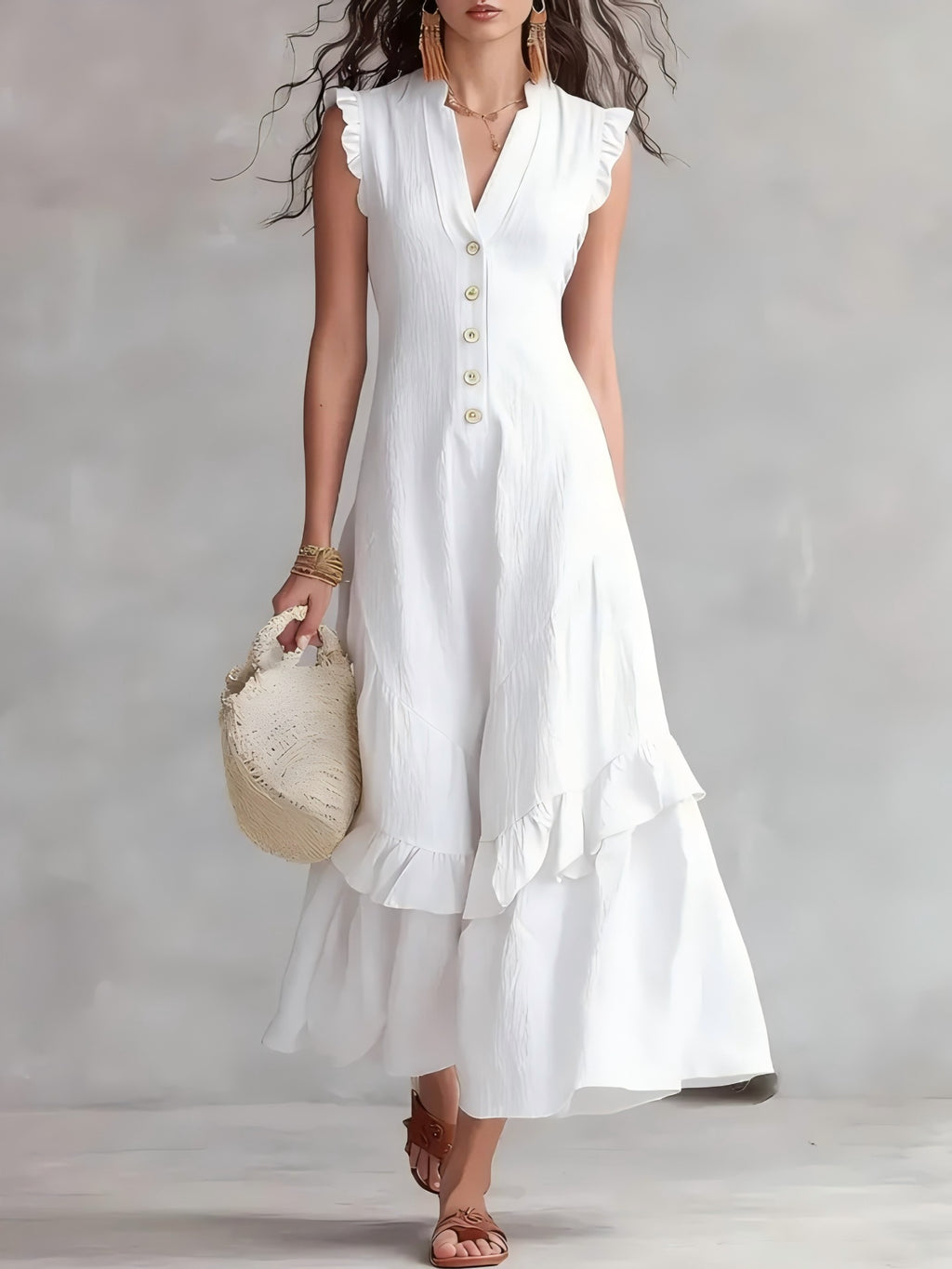 Woman wearing a white dress with ruffled sleeves and buttons, holding a beige handbag against a plain background.