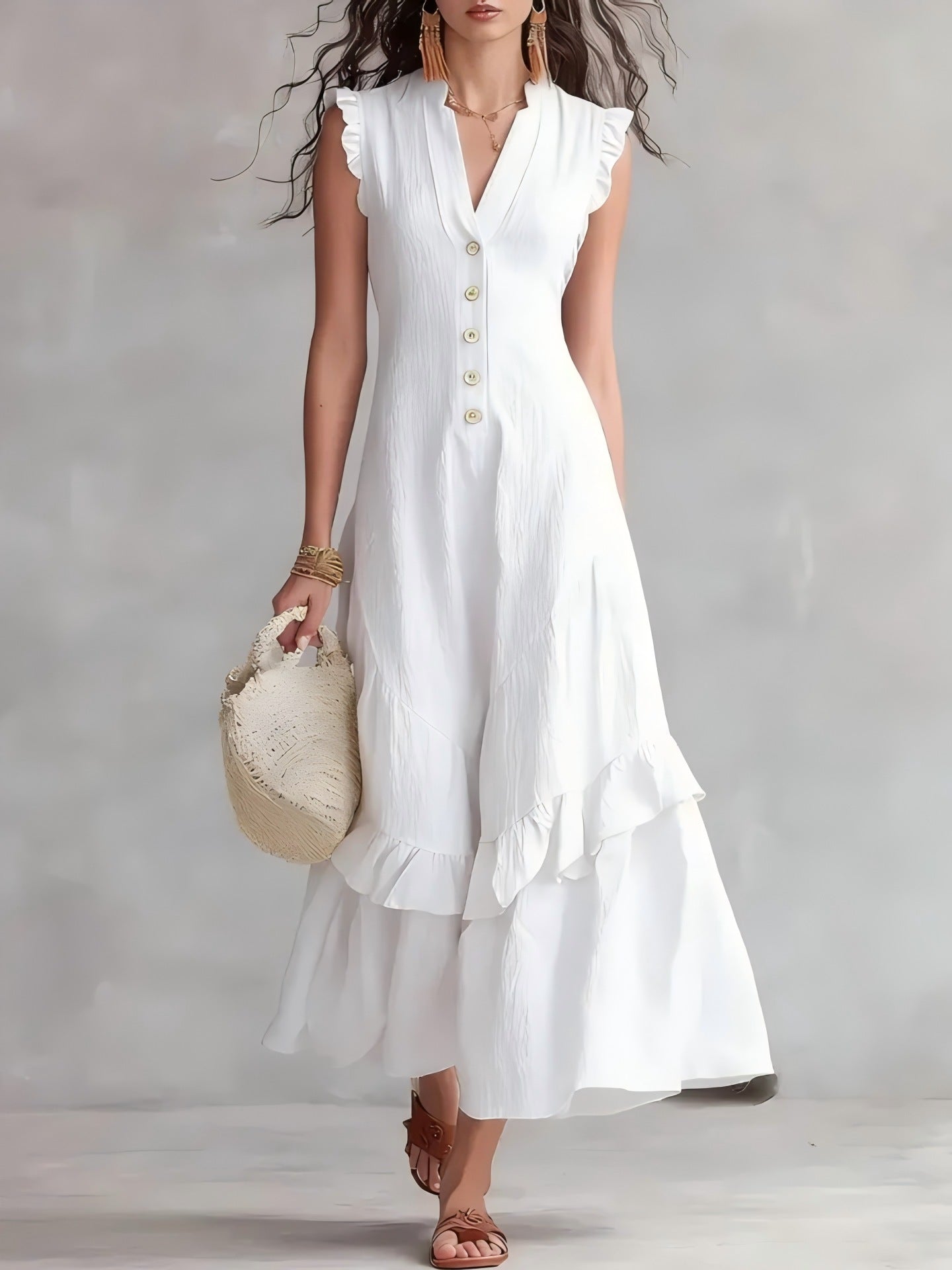 Woman wearing a white dress with ruffled sleeves and buttons, holding a beige handbag against a plain background.