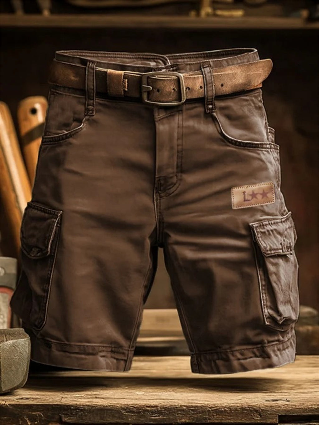 Brown cargo shorts with a belt on a wooden surface