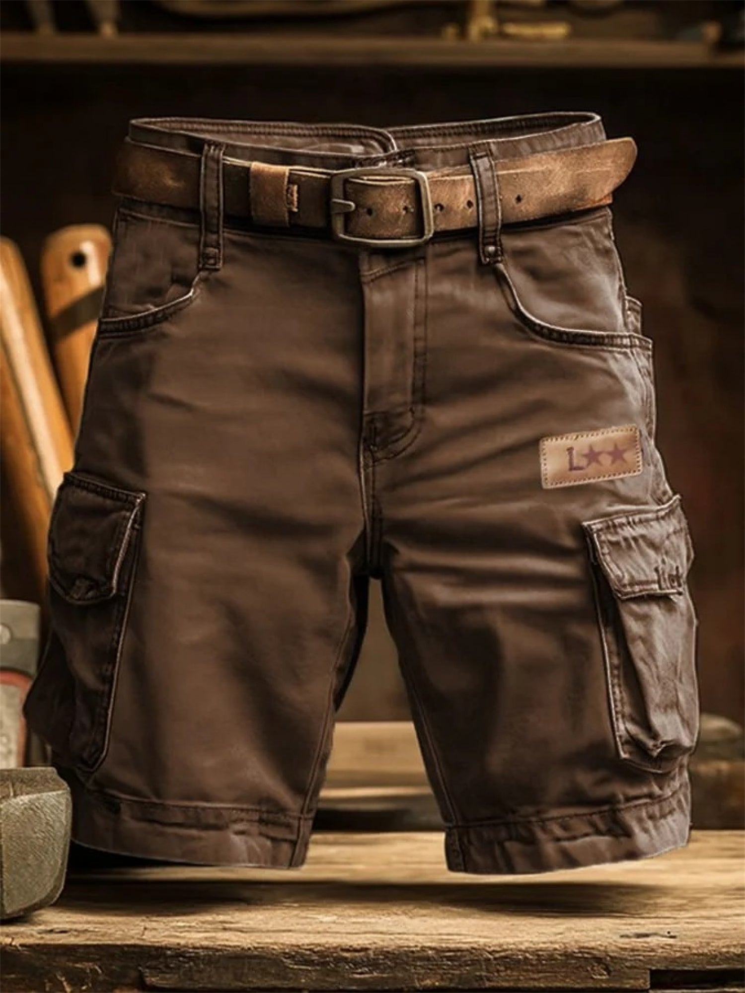 Brown cargo shorts with a belt on a wooden surface
