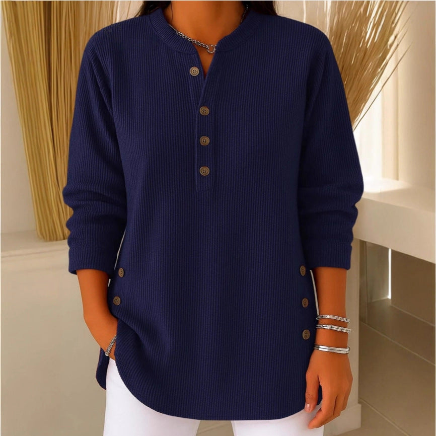 V-Neck Button Sweater Top | Women's Long-Sleeved Blouse