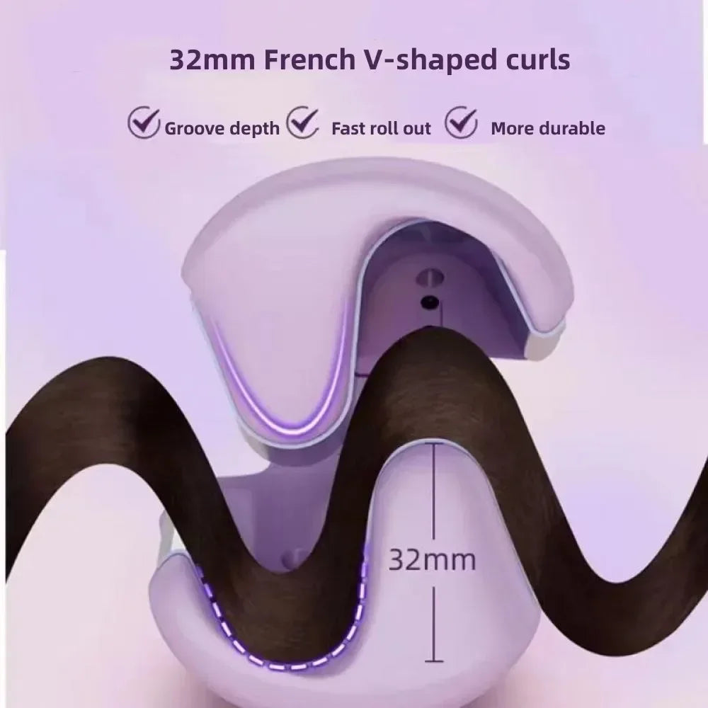 32mm V-shaped hair curler creating deep wave curls, innovative styling tool close-up