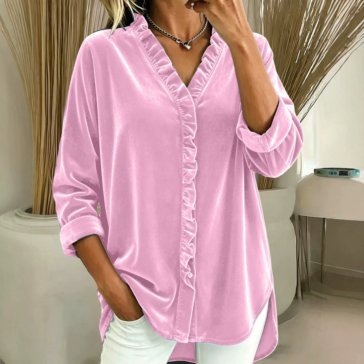Women’s V Neck Ruffle Blouse | Long Sleeve Solid Top