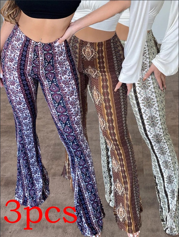 Three pairs of patterned pants displayed side by side on a neutral background.