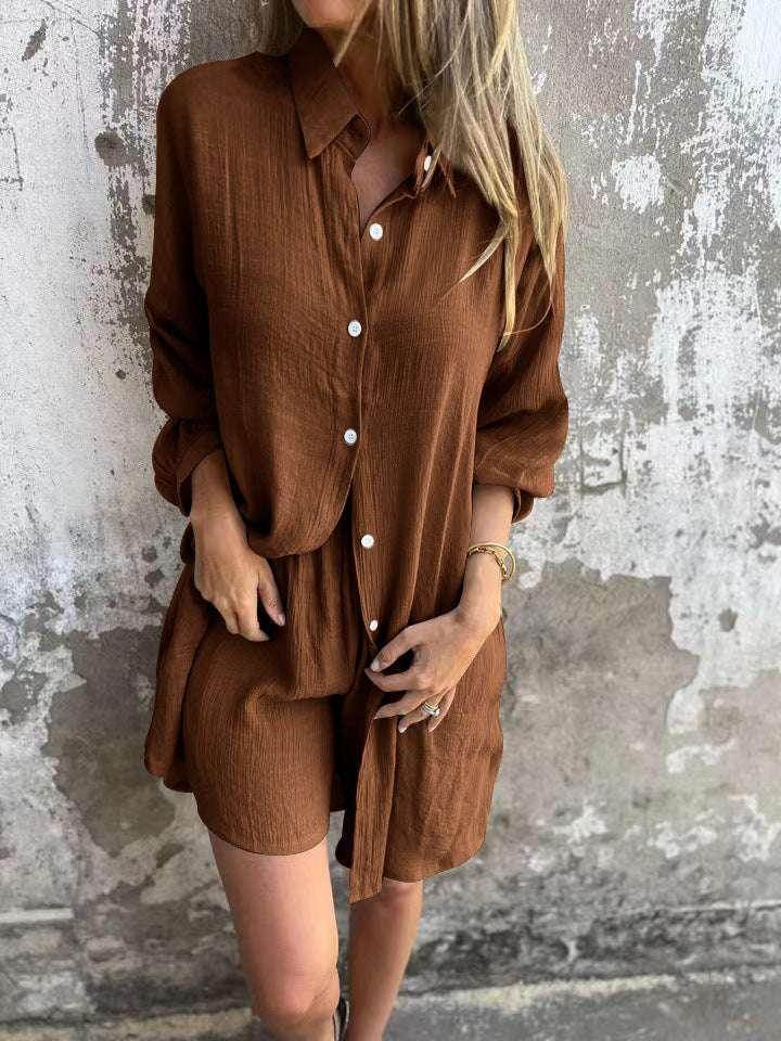 Woman wearing a brown textured shirt and shorts set, ZA-Zola trendy apparel UK