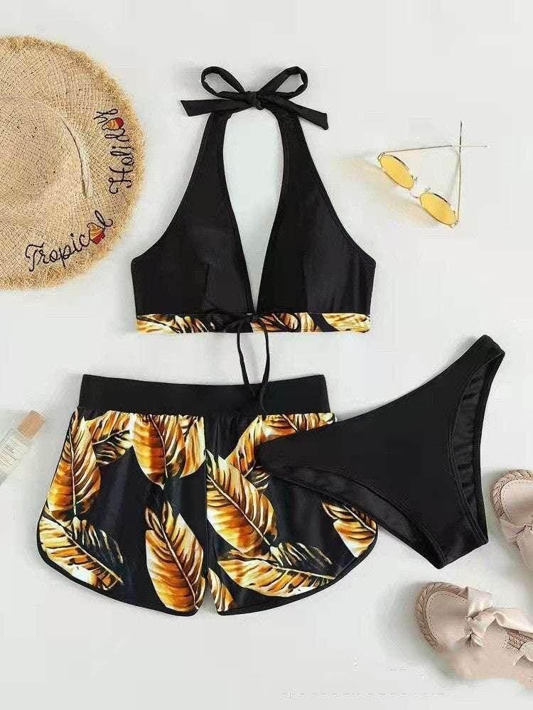 3pcs Leaf Print Bikini with Shorts - Stylish Summer Swimwear - ZA-Zola