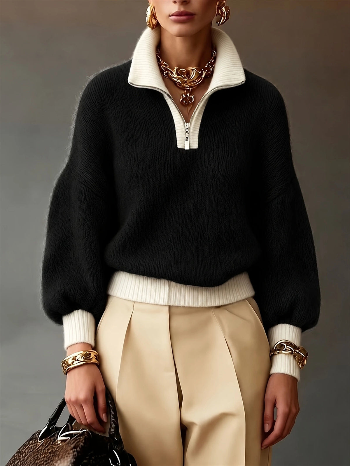 A model wears a black fuzzy quarter-zip sweater with a cream ribbed collar, hem, and cuffs, paired with beige pleated trousers and gold jewelry.