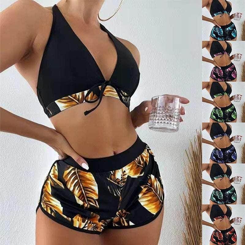 3pcs Leaf Print Bikini with Shorts - Stylish Summer Swimwear - ZA-Zola