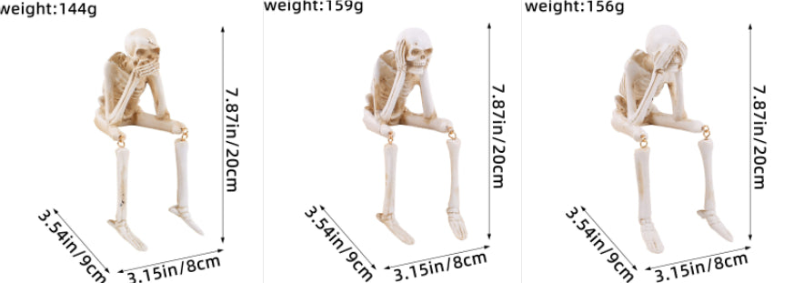 Three variations of a seated human skeleton model shown side by side with different weights (144g, 159g, 156g) and labeled dimensions in centimeters.