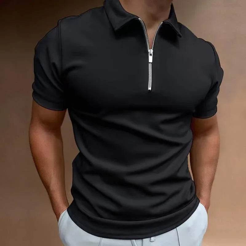 Men’s black short sleeve zip collar polo shirt, ZA-Zola modern fashion apparel UK