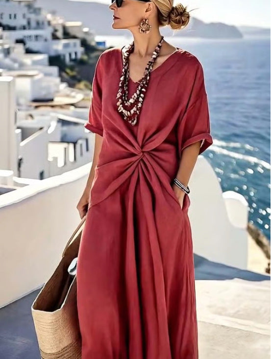 Women’s Summer Striped Print Short Sleeve Casual Beach Maxi Dress