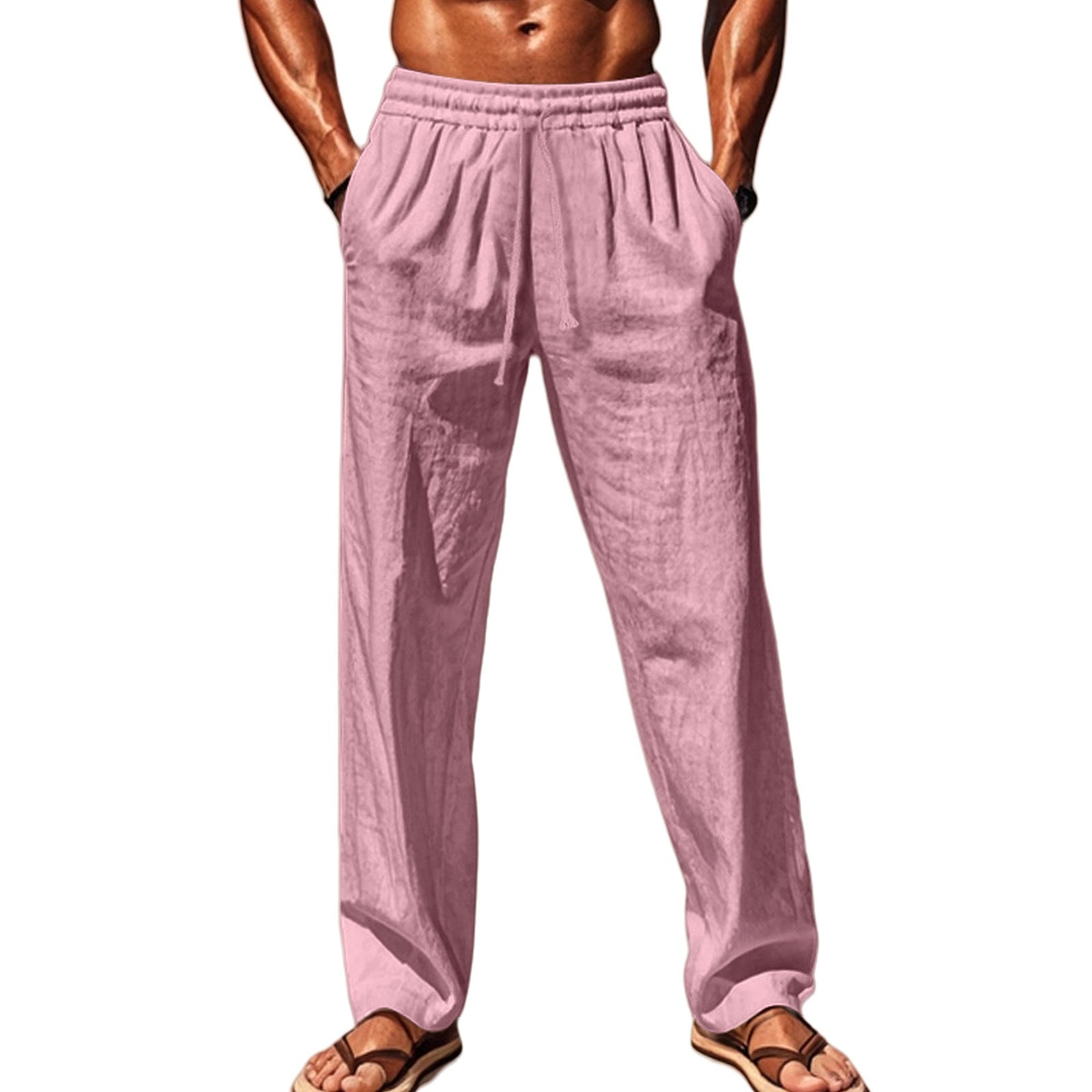Pink pants worn by a person on a white background