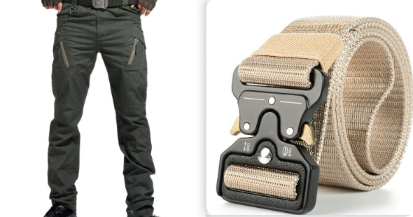 Tactical pants with a beige belt on a white background