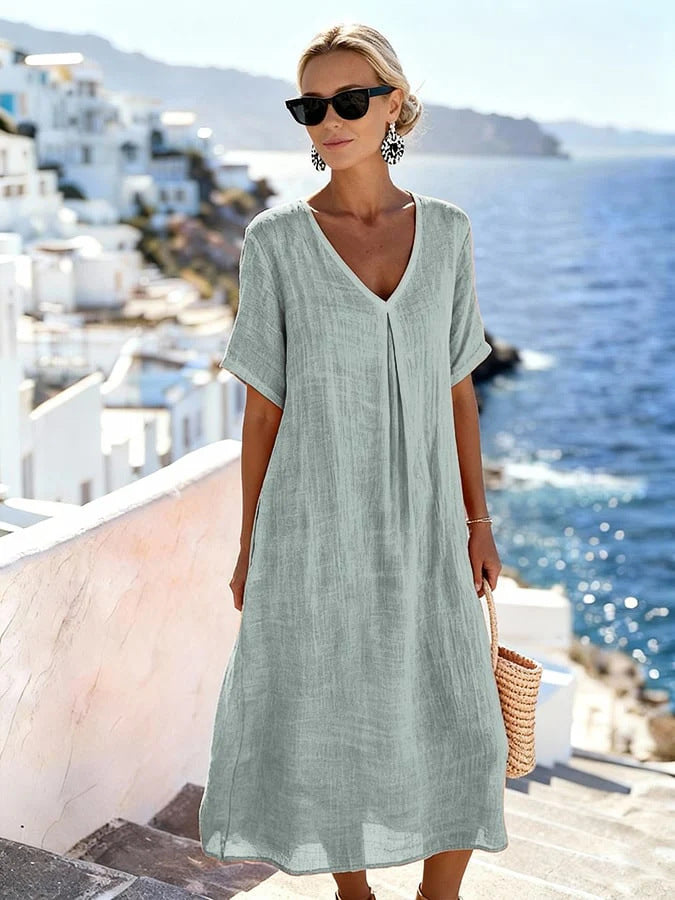 Casual Loose Fit V Neck Floor Length Dress Women Short Sleeve Solid Color Relaxed Cotton Linen Style Maxi Dress
