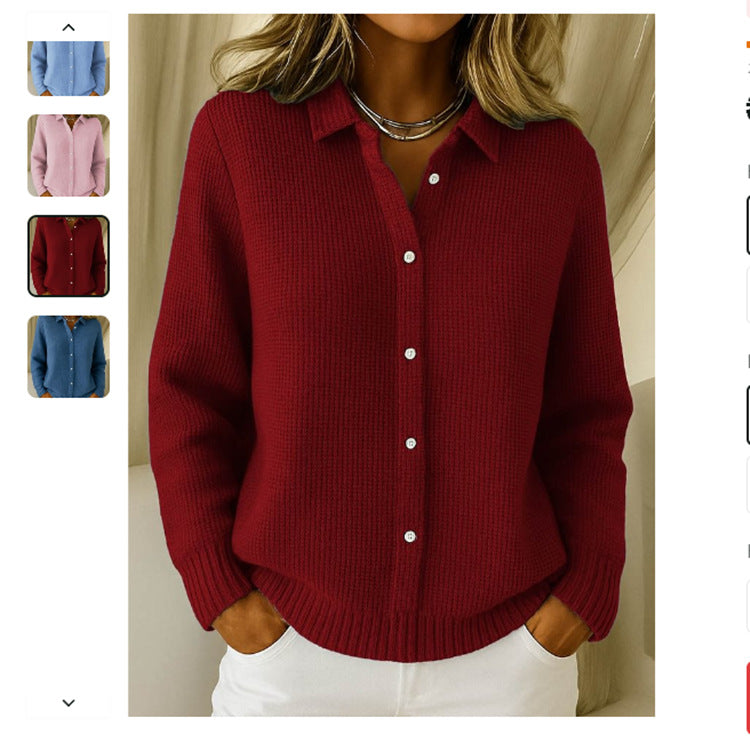 Red button-up sweater worn by a person with color swatches of other sweater colors above.