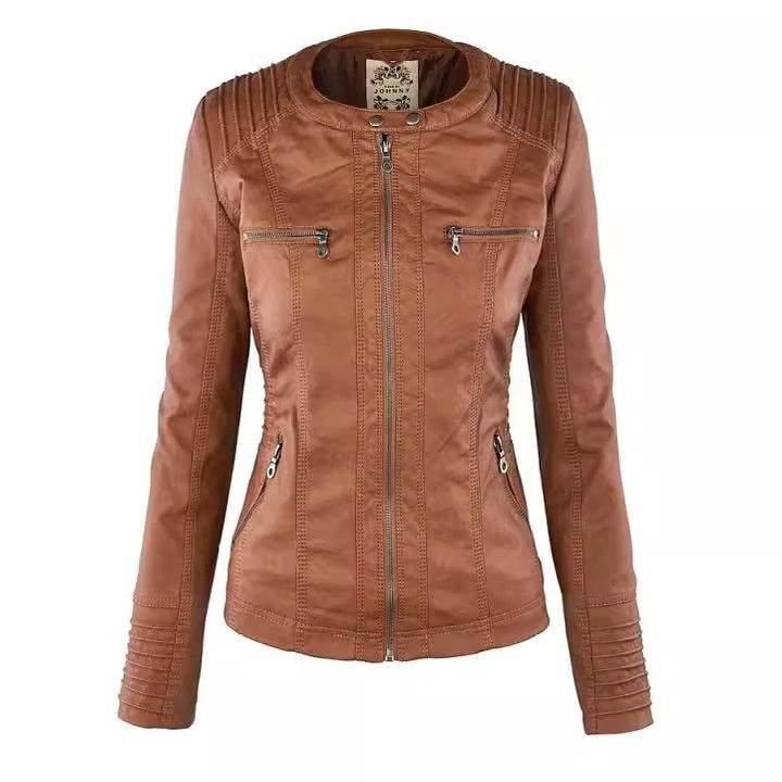 Women’s Zipper Leather Jacket with Detachable Lapel Coat - ZA-Zola
