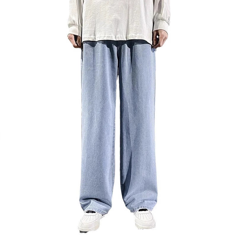 Light blue denim pants worn by a person on a white background