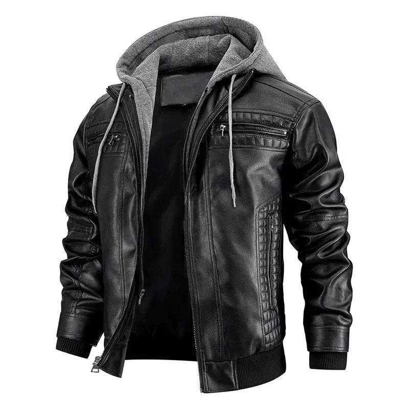 Men's Hooded PU Leather Jacket with Zipper Pockets - ZA-Zola