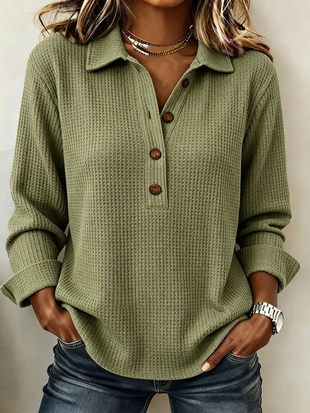 A woman wearing a sage green waffle-knit long-sleeve polo shirt with brown buttons, paired with blue jeans.