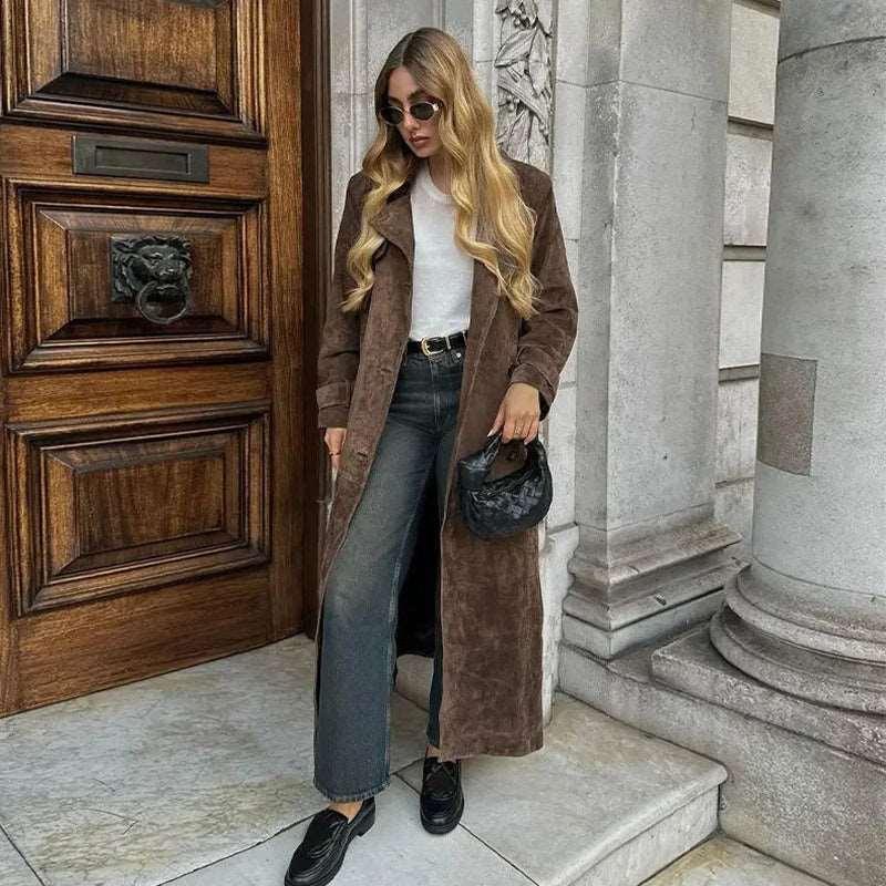 Double Breasted Suede Coat Women – Vintage Belted Long Winter Coat - ZA-Zola