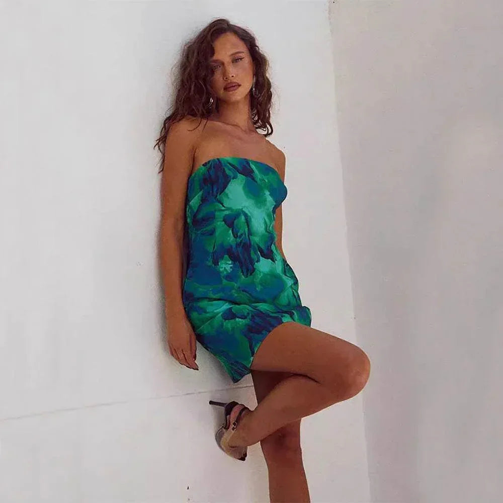 Women’s Tube Top Floral Print Slim Sheath Short Dress – Backless Mini - ZA-Zola