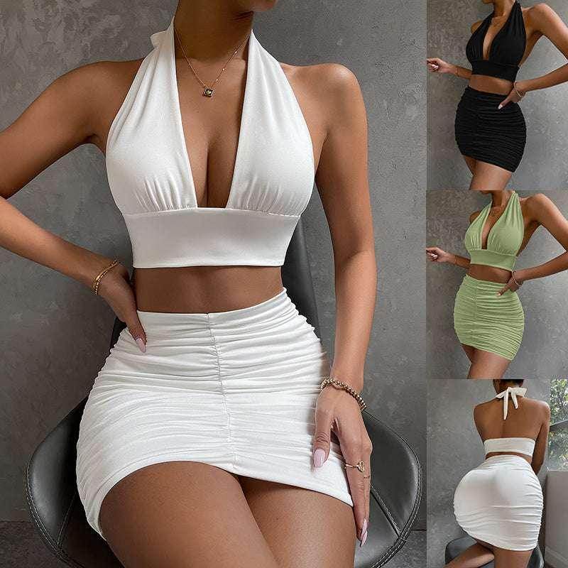 Trendy halter neck crop top and ruched mini skirt set in white, black, and green from ZA-Zola