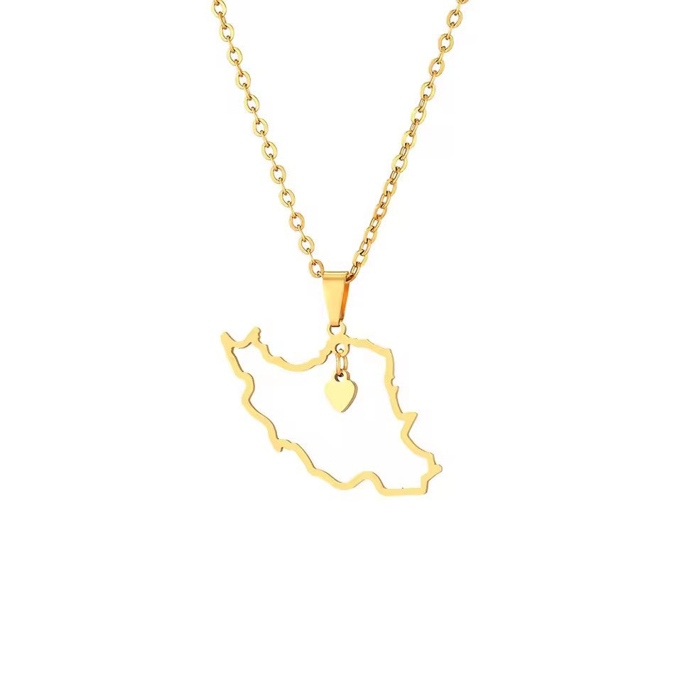 Gold necklace with a map pendant on a white background