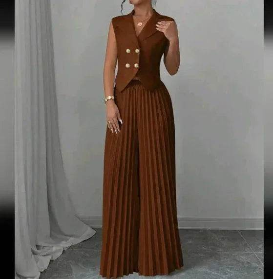Woman in elegant brown pleated jumpsuit with gold buttons, ZA-Zola fashion apparel