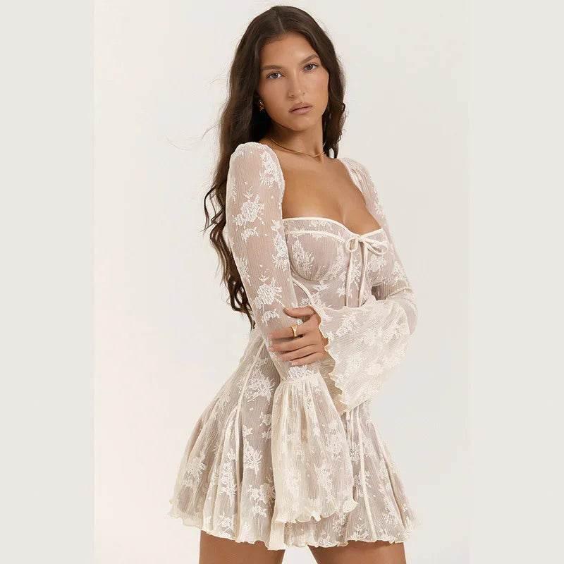 Fairy Lace Square Collar Mini Dress – A-Line Charm - ZA-Zola