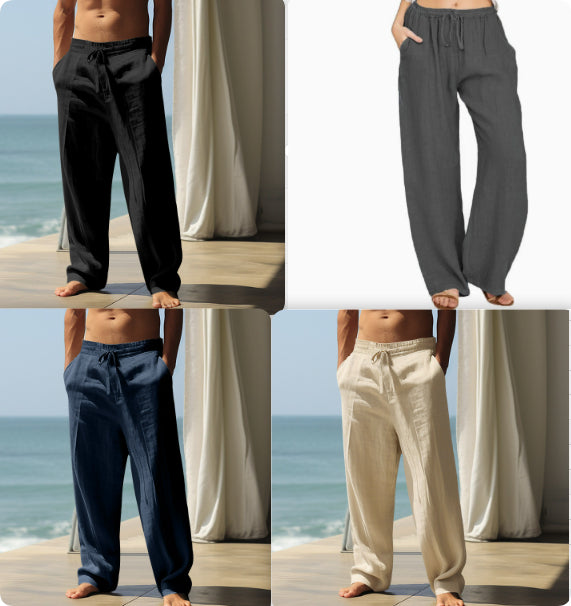 Four different colored pants displayed against a scenic background with ocean view.