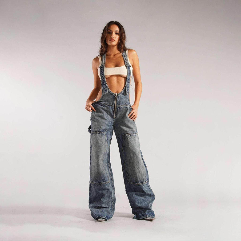 Y2K Zipper Denim Overalls – Wide Leg Street Style - ZA-Zola