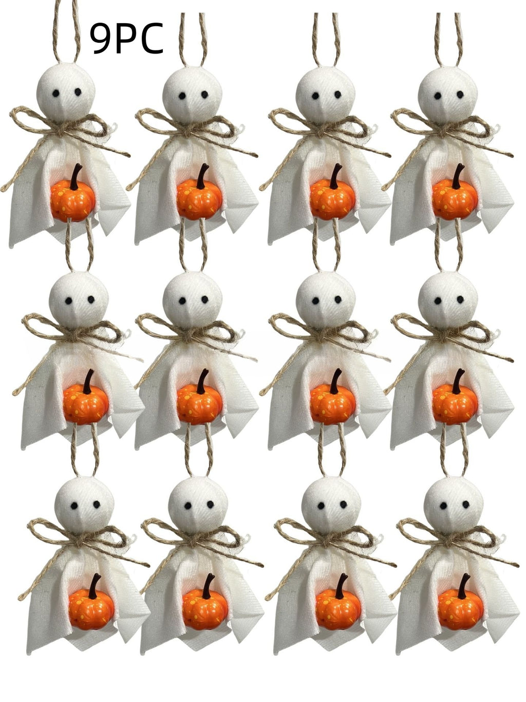 A set of 12 Halloween ghost ornaments arranged in a 3x4 grid on a white background, with '9PC' text at the top. Each ornament features a white fabric ghost body, a small orange pumpkin, and a brown twine bow.