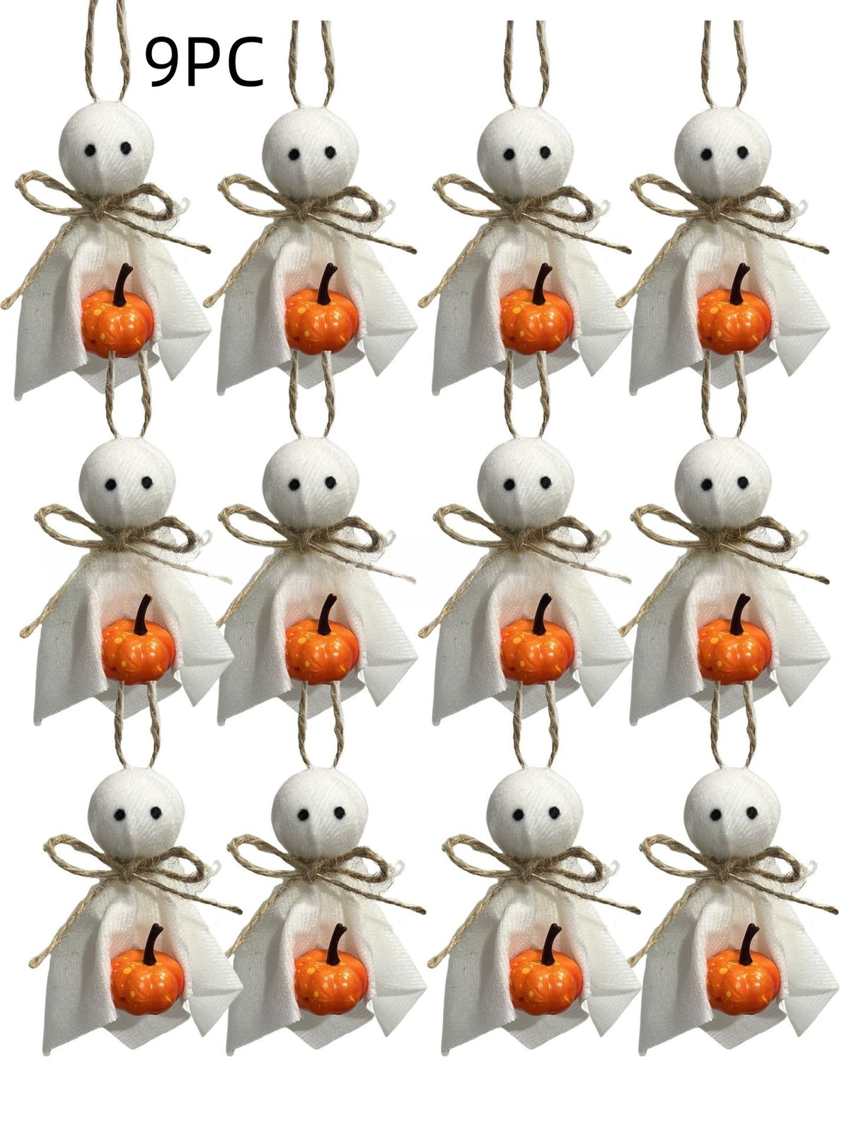 A set of 12 Halloween ghost ornaments arranged in a 3x4 grid on a white background, with '9PC' text at the top. Each ornament features a white fabric ghost body, a small orange pumpkin, and a brown twine bow.
