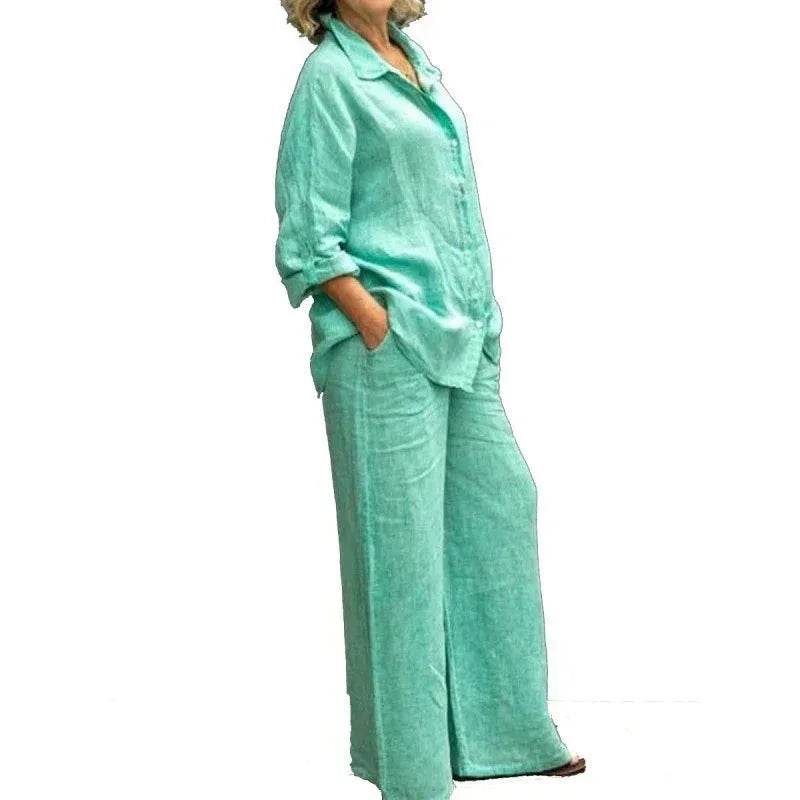 Woman in mint green linen set with long sleeve shirt and wide-leg pants, ZA-Zola fashion
