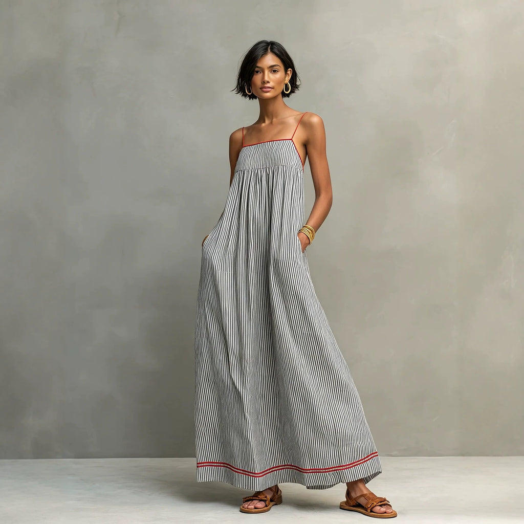 Woman wearing a long, striped dress against a neutral background