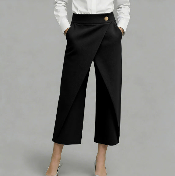 Person wearing black wide-leg pants and a white shirt on a gray background