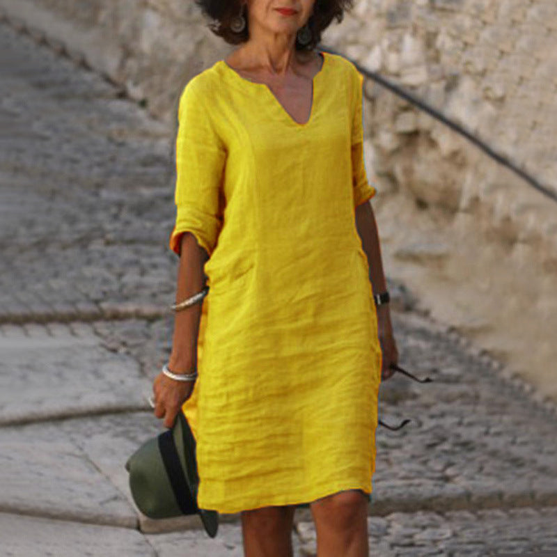 Cotton Linen V-Neck High Waist Retro Summer Dress – A-Line Solid Colour Mid-Length