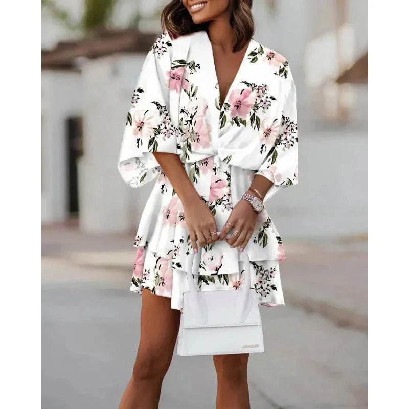 Floral V-Neck Loose Cake Dress – Summer Charm - ZA-Zola