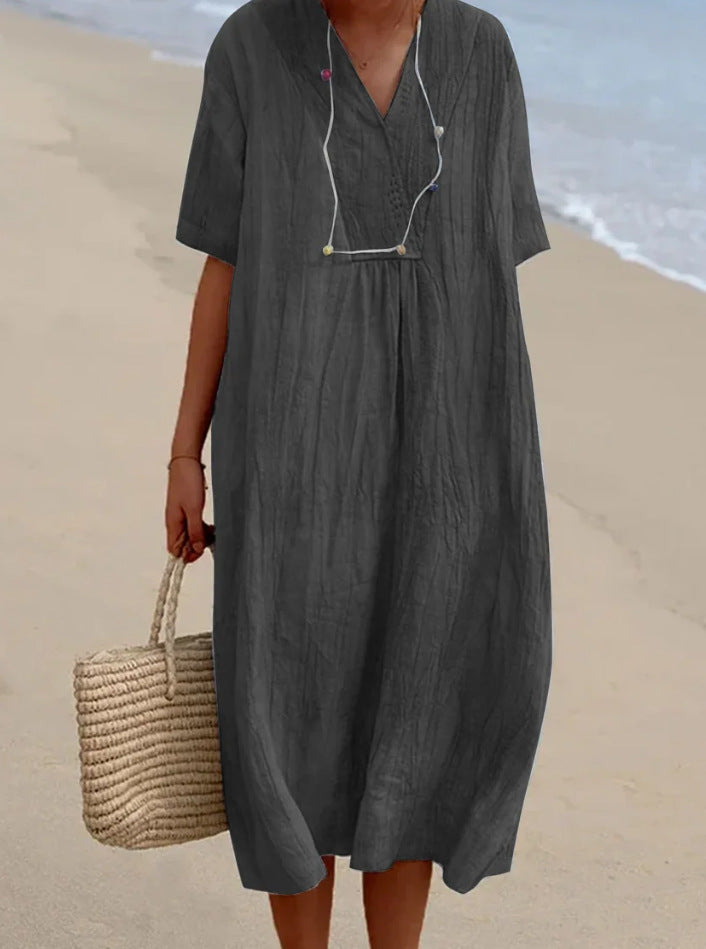 Women Cotton Linen V Neck Solid Color Long Dress Casual Summer Fashion Dress