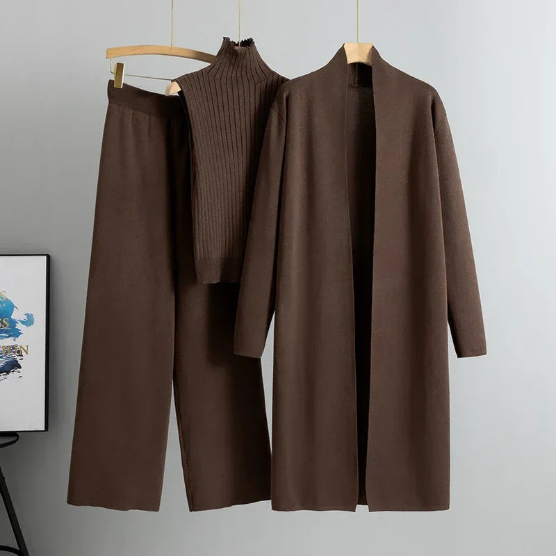 Women Knitted Three Piece Set – Stylish Vest, Cardigan & Pants Outfit - ZA-Zola
