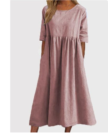 Women’s Casual Cotton Linen Short Sleeve Pocket Dress